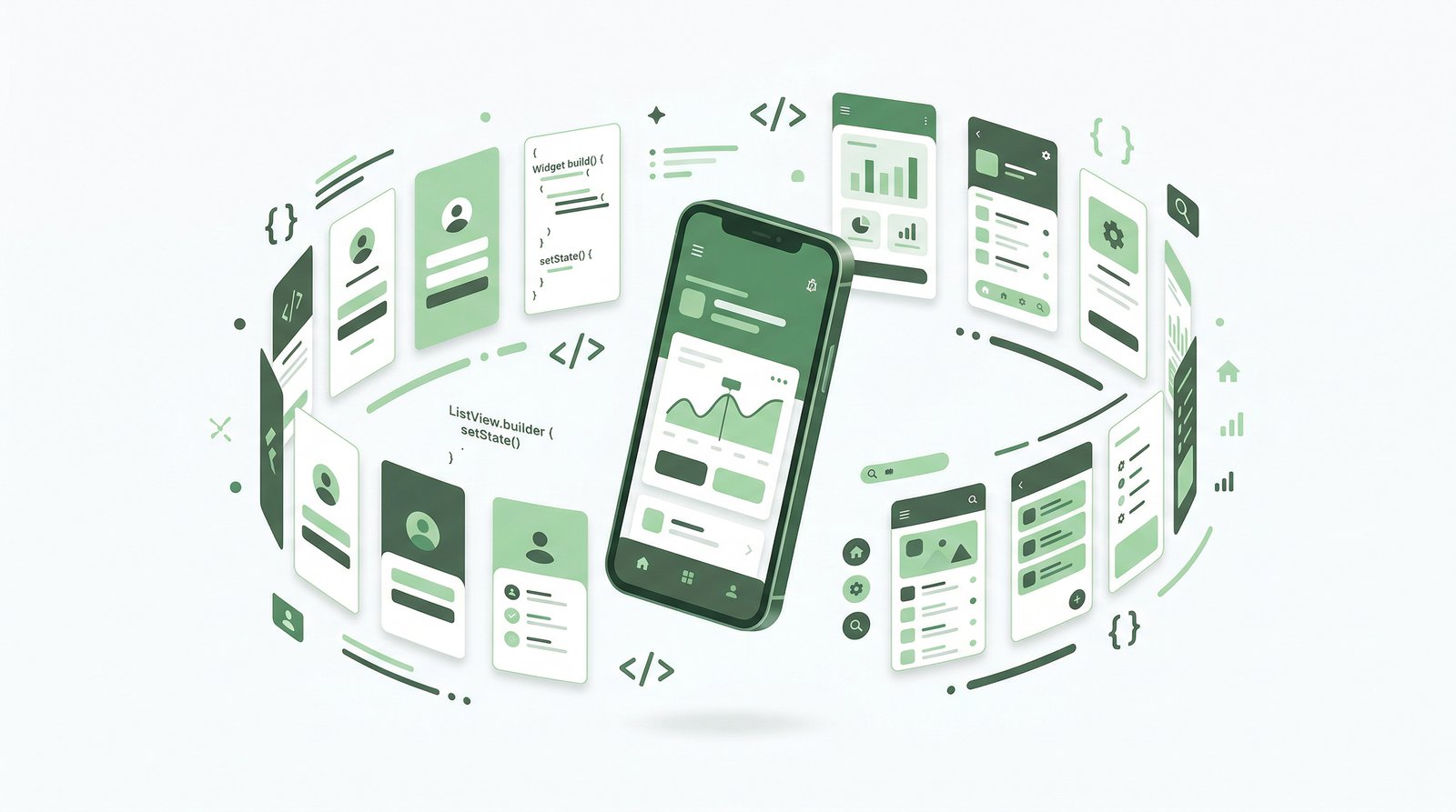 Flutter Cross-Platform App-Entwicklung: Smartphone mit schwebenden App-Screens und Code-Elementen