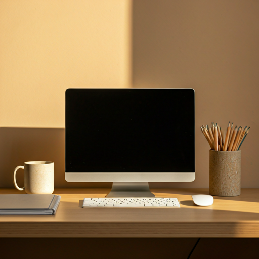 Aufgeräumter Workspace mit Laptop und Notizbuch